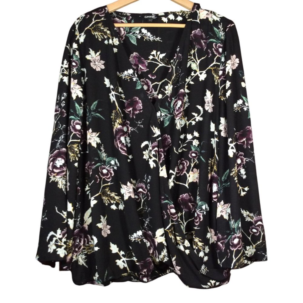 Ladies Black/Purple Floral Print Wrap Blouse